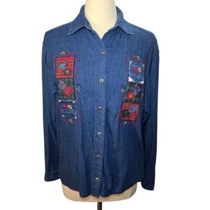 Vintage Casey & Max Women Denim Shirt Size M Blue Embroidered Long Sleeve